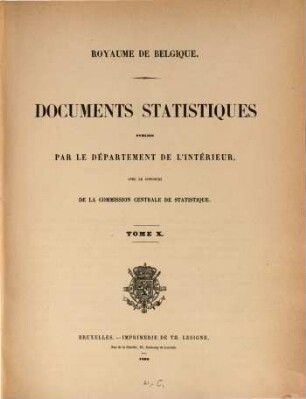 Documents statistiques : publ. par le Départment de l'Intérieur, Royaume de Belgique avec le concour de la Commission Centrale de Statistique. 10. 1866