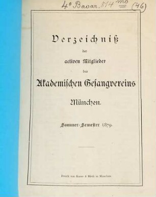 Verzeichnis der aktiven Mitglieder des Akademischen Gesangvereins München, 1879