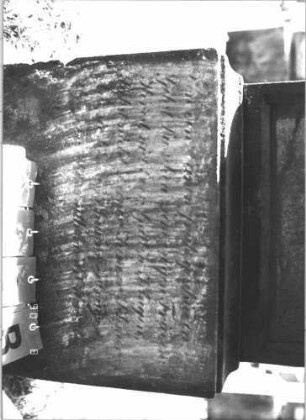 Grabstein 212 (Index: 99787390) Material: Sandstein Zustand: zerbrochen und repariert, stark verwittert mit größerem Textverlust Maße HxBxT: 150x57x17 cm Symbolik: florale Motive: Grabstein 212B (Detailaufnahme)