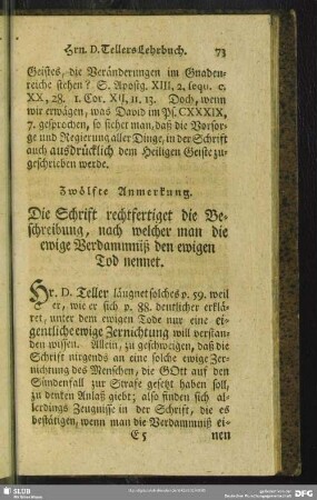Zwölfte Anmerkung. Die Schrift rechtfertiget die Beschreibung, nach welcher man die ewige Verdammniß den ewigen Tod nennet