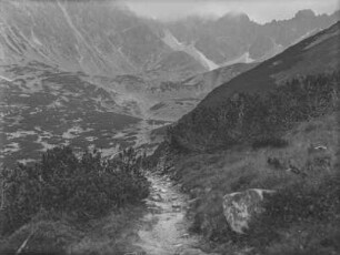 Im Gebirge : Ein Gebirgswanderweg mit Blick auf ein Gebirgstal mit Vegetation