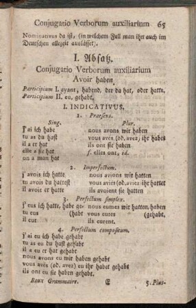 I. Absatz. Conjugatio Verborum auxiliarium Avoir haben.