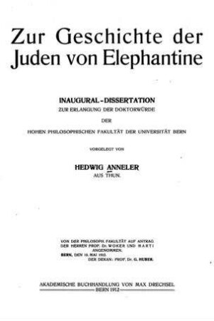 Zur Geschichte der Juden von Elephantine / vorgelegt von Hedwig Anneler