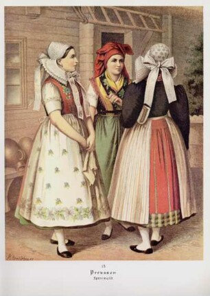 Frauen in der niedersorbischen Tracht im Spreewald : Kleidung - niedersorbische Tracht. Ort: Błota / Spreewald. Frauentrachten im Spreewald.