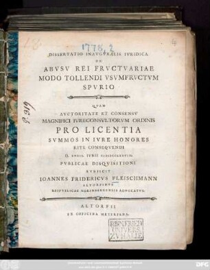 Dissertatio Inavgvralis Ivridica De Abvsv Rei Frvctvariae Modo Tollendi Vsvmfrvctvm Spvrio