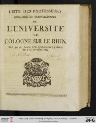 Liste des professeurs ordinaires et extraordinaires de l'universite de Cologne sur le Rhin
