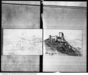 Skizzenbuch Latium, Kampanien, Ansicht der Burg Janula über San Germano (Monte Cassino)