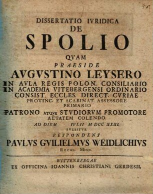 Dissertatio Ivridica De Spolio