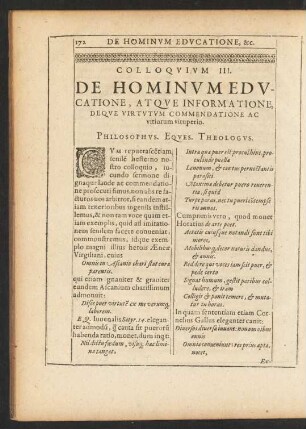 Colloquium III. De Hominum Educatione, Atque Informatione, Deque Virtutum Commendatione Ac vitiorum vituperio.
