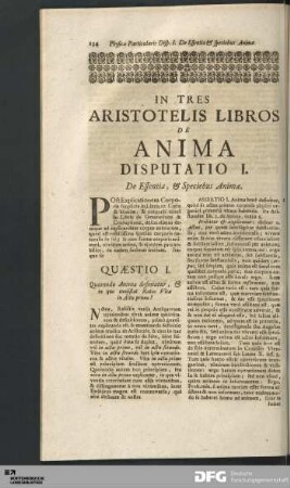 Disputatio I. De Essentia, & Speciebus Animæ.