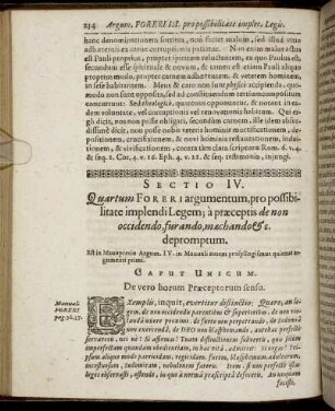 Sectio IV. Quartum Foreri argumentum, pro possibilitate implendi Legem; a præceptis de non occidendo, furando, mæchando & c. depromptum.