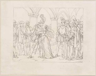 Zu Shakespeares "Othello", Blatt 4, 2. Akt, 1. Szene: Othello umarmt Desdemona im Kreise der Edlen