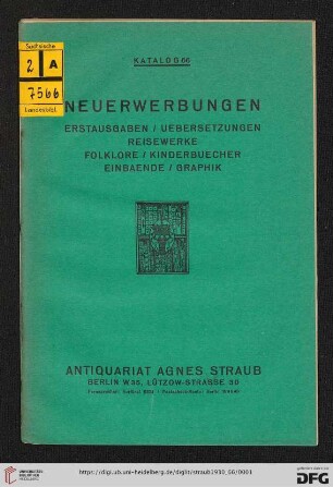Nr. 66: Katalog: Neuerwerbungen : Erstausgaben, Uebersetzungen, Reisewerke, Folklore, Kinderbuecher, Einbaende, Graphik