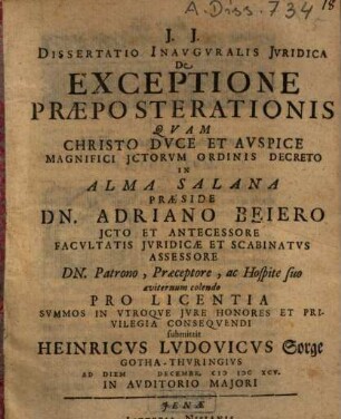 Dissertatio Inavgvralis Jvridica De Exceptione Praeposterationis