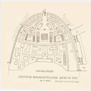 Freigelände der Deutschen Bauausstellung 1931, Berlin-Charlottenburg: Plan des Geländes, z.T. mit Bezeichnungen 1:1000, Maßstabsleiste