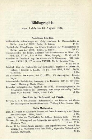 Bibliographie vom 1. Juli bis 31. August 1889.