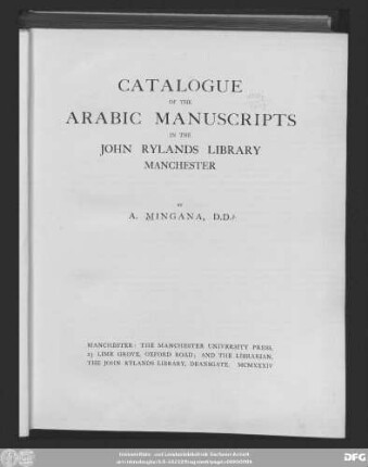 Catalogue of the Arabic manuscripts in the John Rylands Library, Manchester
