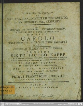 Dissertatio Inauguralis De Lege Falcidia, In Militari Testamento, Et Ex Prohibitione, Cessante