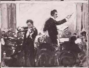 Sterl, Robert: Violinkonzert mit Mogilewski [mit dem Dirigenten Sergei Alexandrowitsch Kussewitzky]. 1910. Bezeichnet: R. St (l. o.). Öl auf Pappe; 24,1 x 30,6 cm. Dresden: Galerie Neue Meister 2856