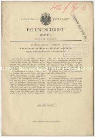 Patentschrift über Neuerungen an Hauswirtschaftswaagen, Patent-Nr. 21472