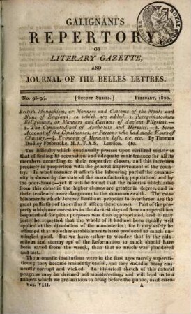 Galignani's repertory or literary gazette and journal of the belles lettres, 8. 1820