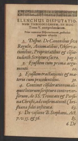 Elenchus Disputationum Theologicarum, In Hoc Tomo V. comprehensarum.