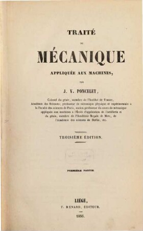 Traité de Mécanique appliquée aux machines. 1