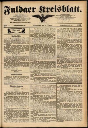 Erste Ausgabe vom Samstag, den 04. Oktober 1902.