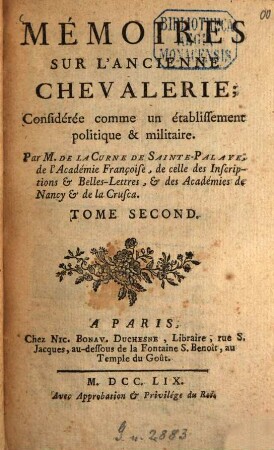Memoires sur l'ancienne chevalerie : Considerée comme un établissement politique et militaire, 2