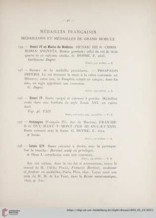 Médailles Francaises Médaillons et Médailles de Grand Module (Nr. 194 - 202)
