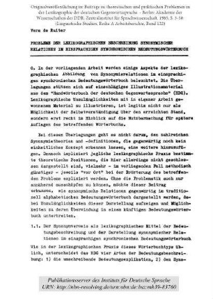 Probleme der lexikographischen Beschreibung synonymischer Relationen im einsprachigen synchronischen Bedeutungswörterbuch