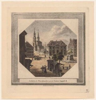 Der Neustädter Markt in Dresden mit der Neustädter Wache (Blockhaus), dem Reiterstandbild August II. (Goldener Reiter) und dem Blick über die Augustusbrücke zur Altstadt