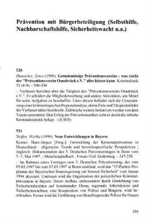 291-292, Prävention mit Bürgerbeteiligung (Selbsthilfe, Nachbarschaftshilfe, Sicherheitswacht u.a.)