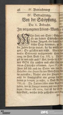 IV. Betrachtung, Von der Schöpffung. [X. bis XII. Andacht]