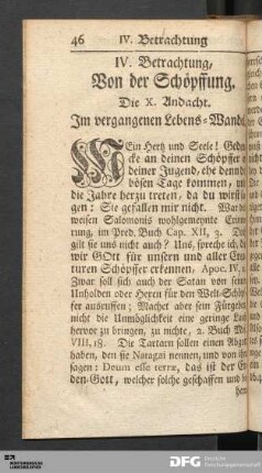 IV. Betrachtung, Von der Schöpffung. [X. bis XII. Andacht]