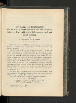 Der Einfluss des Lösungsmittels auf die Gleichgewichtskonstante und die Beziehung zwischen dem elektrischen Leitvermögen und der innern Reibung