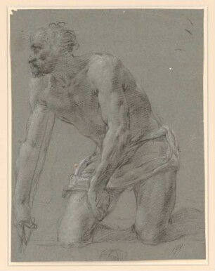 Vouet, Simon: Zeichnungen II, Blatt 198: Kniender alter Mann mit Lendenschurz, sich auf einen Stock stützend, nach links gewendet - BSB Cod.icon. 397 b(198
