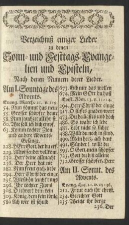 Verzeichniß einiger Lieder zu denen Sonn- und Festtags-Evangelien und Episteln, Nach denen Numern derer Lieder.