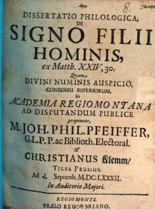 Dissertatio Philologica, De Signo Filii Hominis, ex Matth. XXIV,30.
