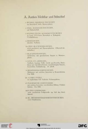 A. Antikes Mobiliar und Stilmöbel (Nr.1-65)