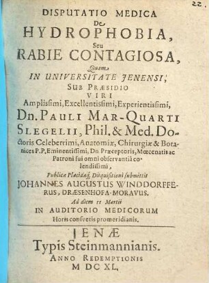 Disputatio Medica De Hydrophobia, Seu Rabie Contagiosa