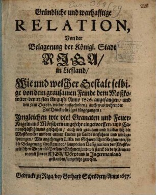 Gründliche Relation von der Belagerung der Stadt Riga in Liefland
