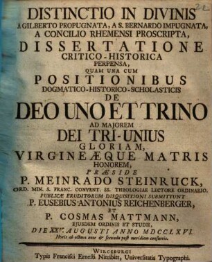 Distinctio In Divinis A Gilberto Propugnata, A S. Bernardo Impugnata, A Concilio Rhemensi Proscripta, Dissertatione Critico-Historica Perpensa