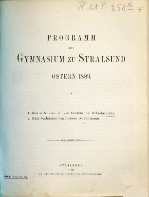 Programm des Gymnasiums zu Stralsund : Ostern .... 1888/89