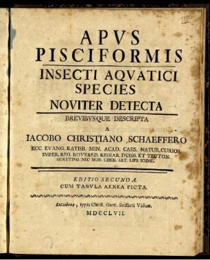 Apus Pisciformis, Insecti Aquatici Species Noviter Detecta : Brevibusque Descripta