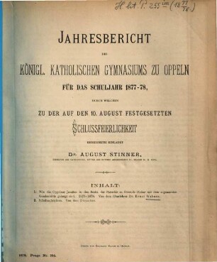 Jahresbericht des Königlichen Katholischen Gymnasiums zu Oppeln : über das Schuljahr ..., 1877/78