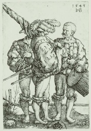 Fähnrich, Pfeifer und Trommler : Beham, Sebald: Fähnrich, Pfeifer und Trommler der Bauern im Bauernkrieg. Kupferstich; 7 x 4,9 cm. Dresden: Kupferstich-Kabinett A 2883 in A 140c; Pauly 201 I
