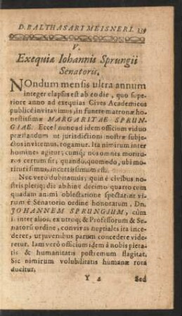 V. Exequiae Iohannis Sprungii Senatoris.