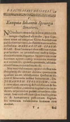 V. Exequiae Iohannis Sprungii Senatoris.