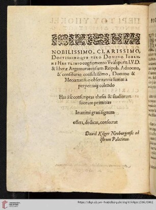 Nobilissimo, Clarissimo, Doctissimoqve viro Domino Iohanni [...]